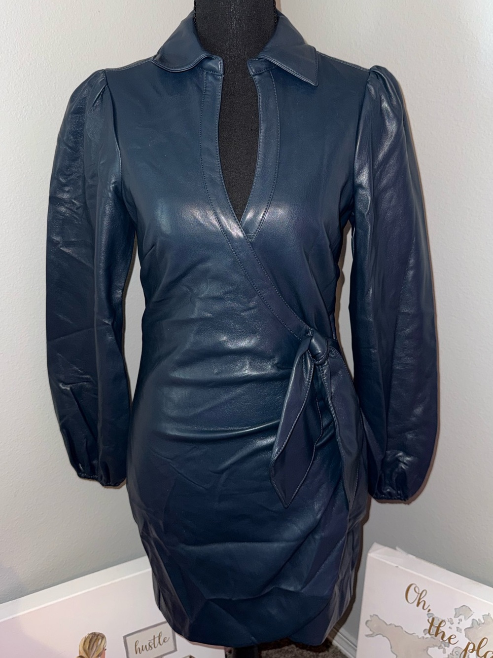 cinq a sept Navy Faux Leather Wrap Jacket with Tie Waist